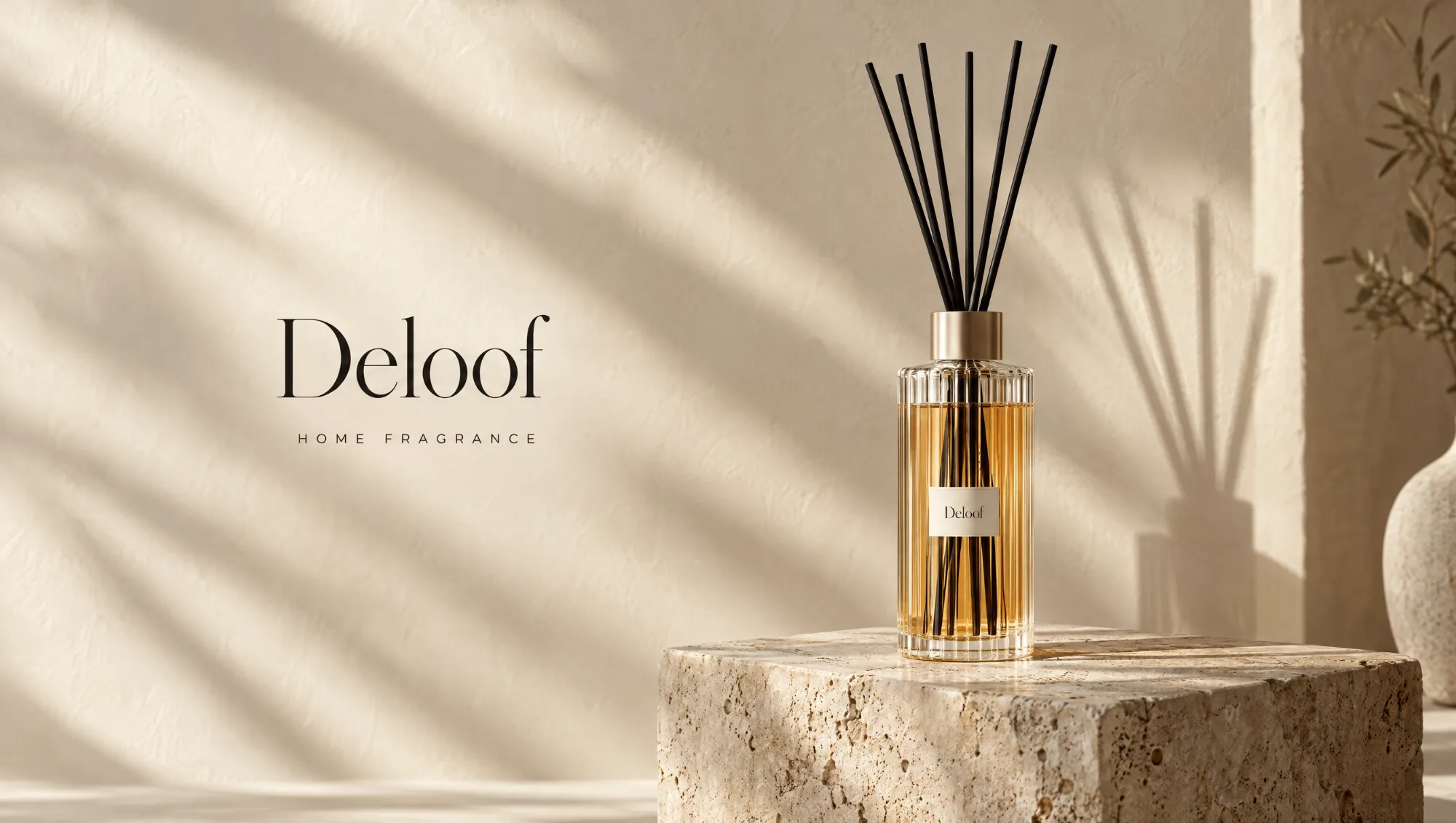 Deloof amber reed diffuser in ribbed glass on travertine