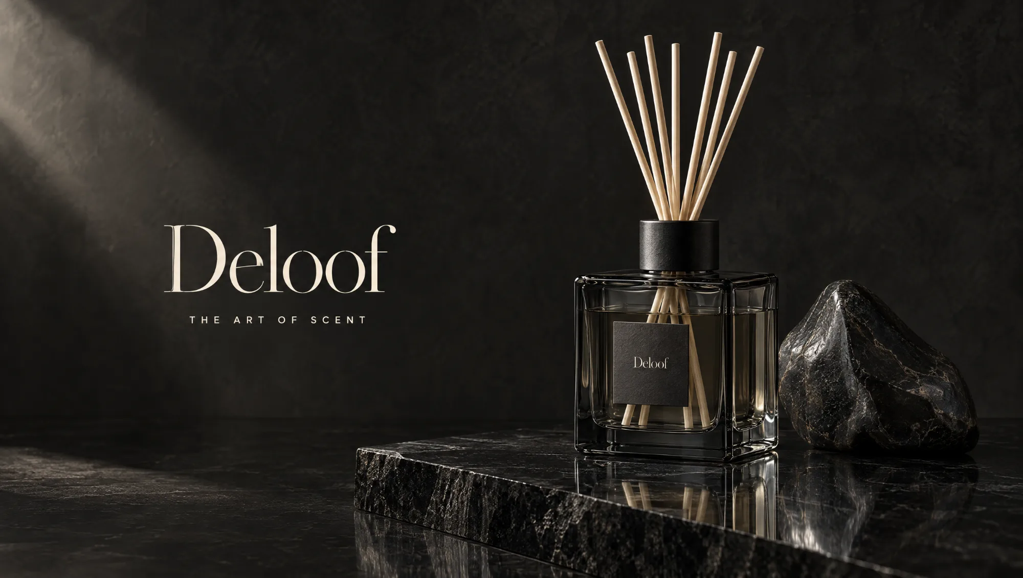Deloof smoked glass reed diffuser on black stone